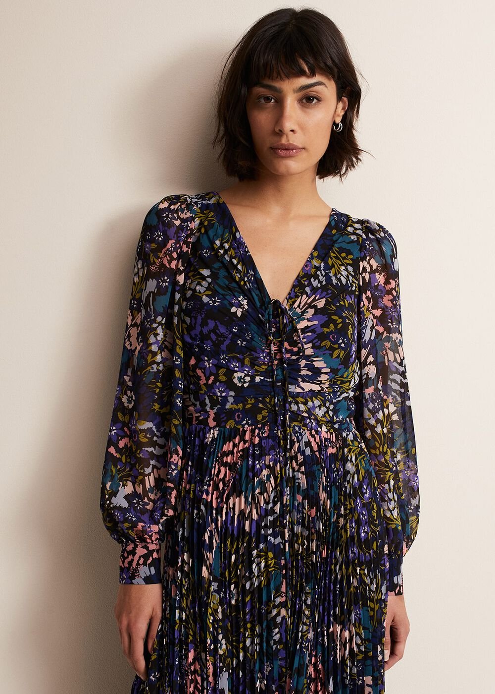 Navy Multicoloured Tie Front Floral Pleated Midi Dress Multi-Coloured