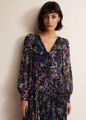 Navy Multicoloured Tie Front Floral Pleated Midi Dress Multi-Coloured