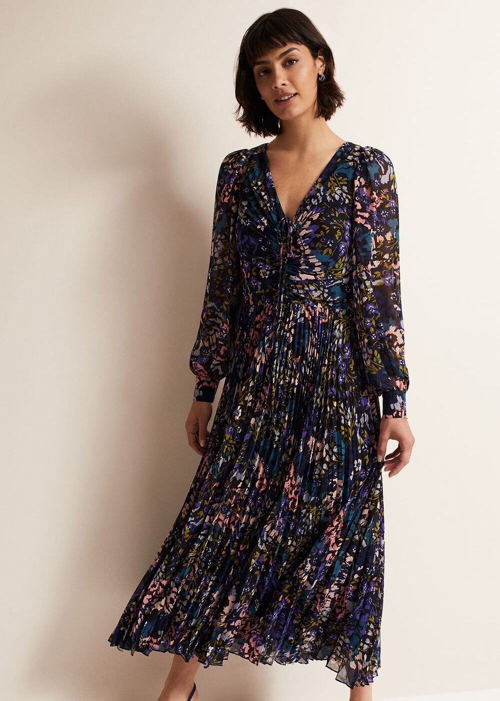 Navy Multicoloured Tie Front Floral Pleated Midi Dress Multi-Coloured