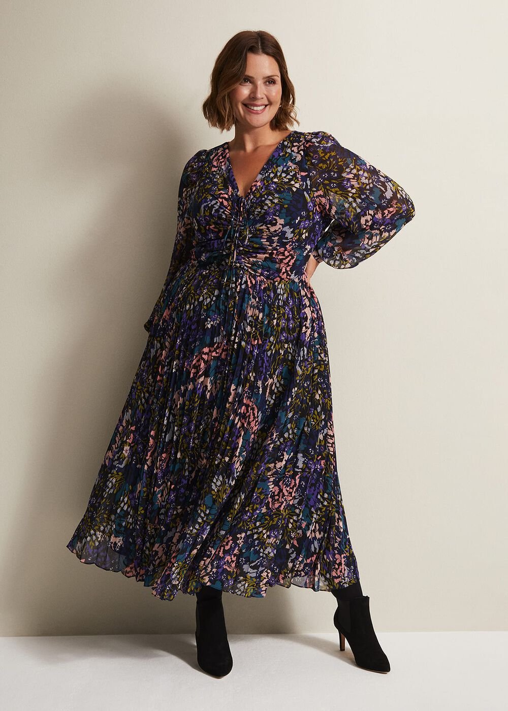 Navy Multicoloured Tie Front Floral Pleated Midi Dress Multi-Coloured