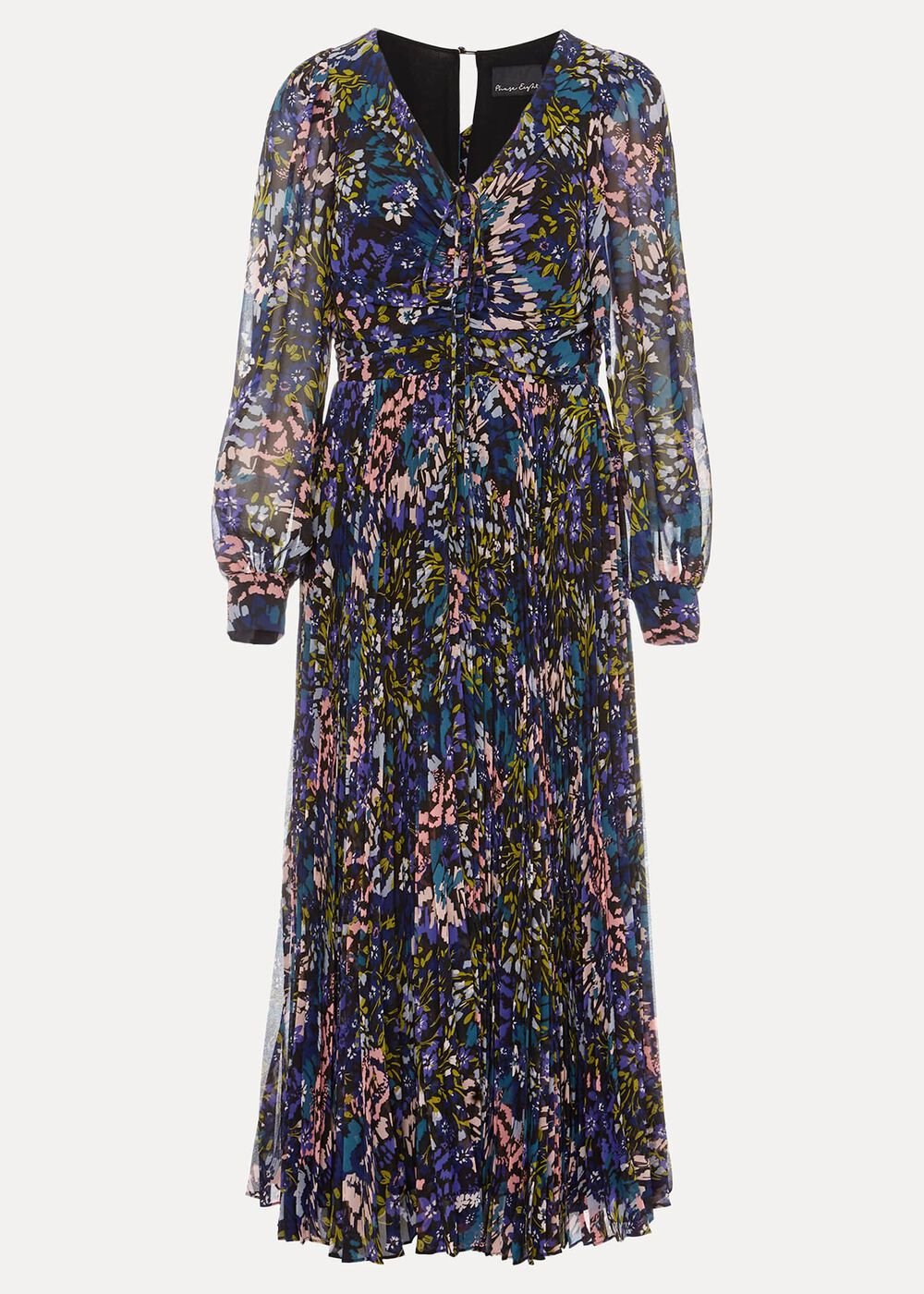 Navy Multicoloured Tie Front Floral Pleated Midi Dress Multi-Coloured