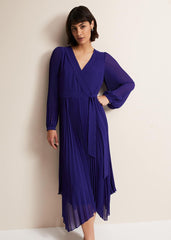 Cobalt Blue Long Sleeve Pleated Midi Wrap Dress Cobalt