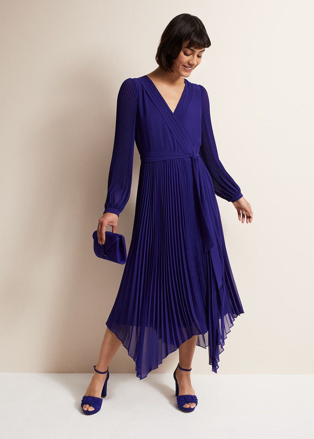 Cobalt Blue Long Sleeve Pleated Midi Wrap Dress Cobalt
