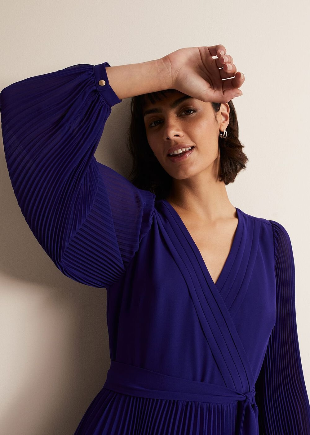 Cobalt Blue Long Sleeve Pleated Midi Wrap Dress Cobalt
