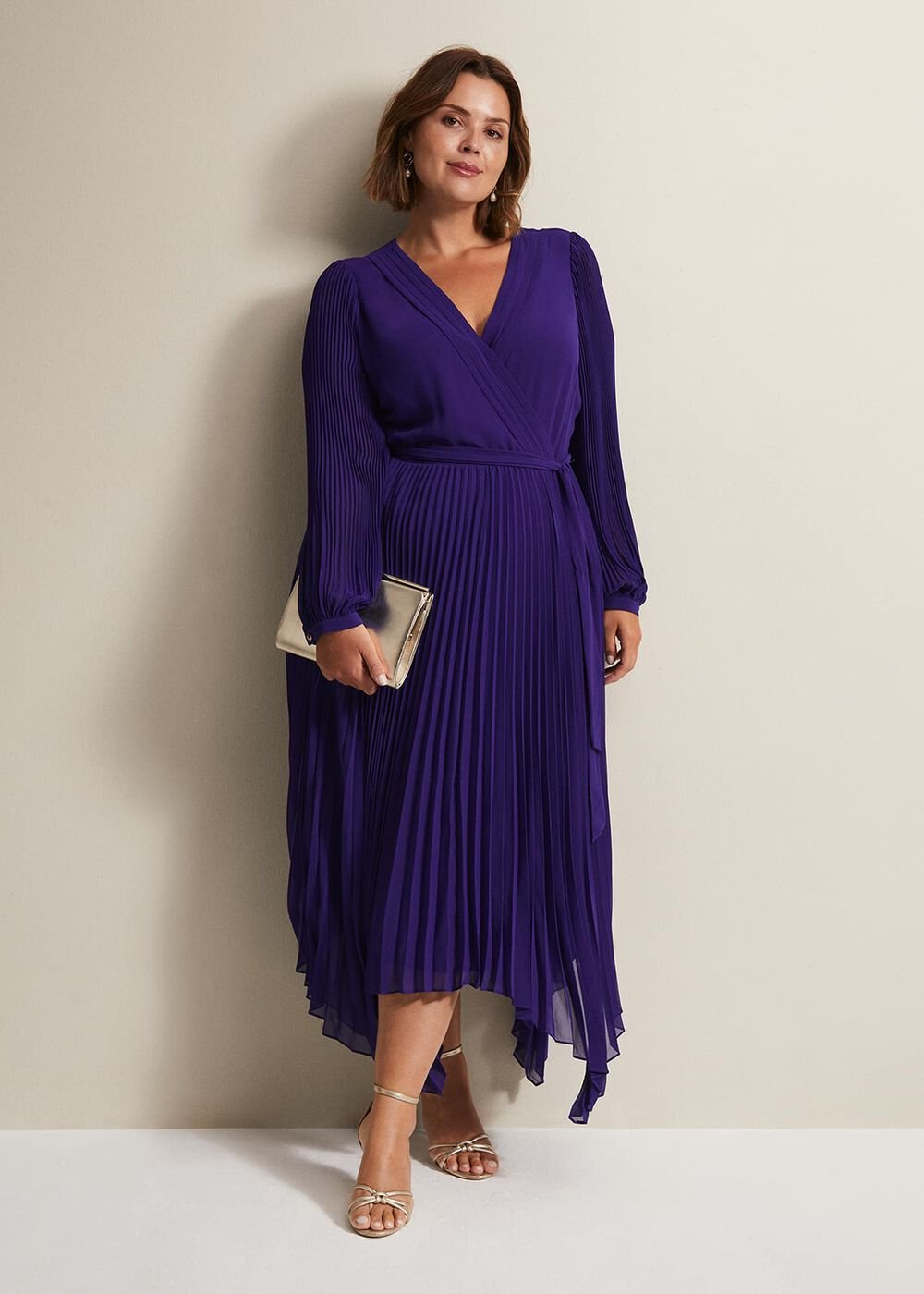 Cobalt Blue Long Sleeve Pleated Midi Wrap Dress Cobalt