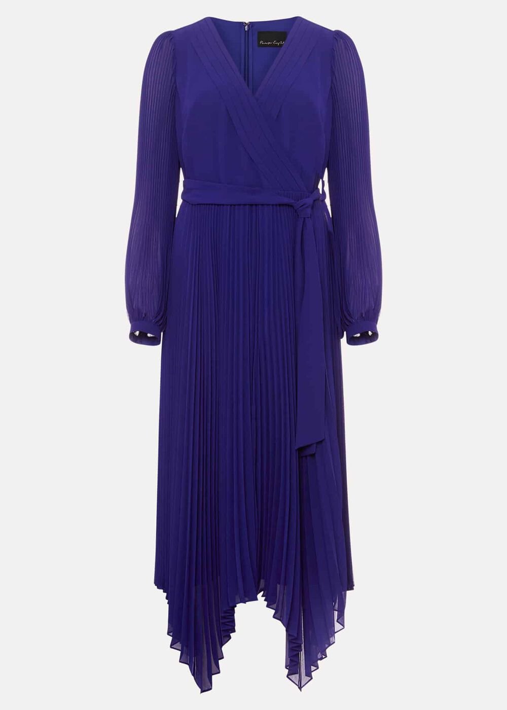 Cobalt Blue Long Sleeve Pleated Midi Wrap Dress Cobalt