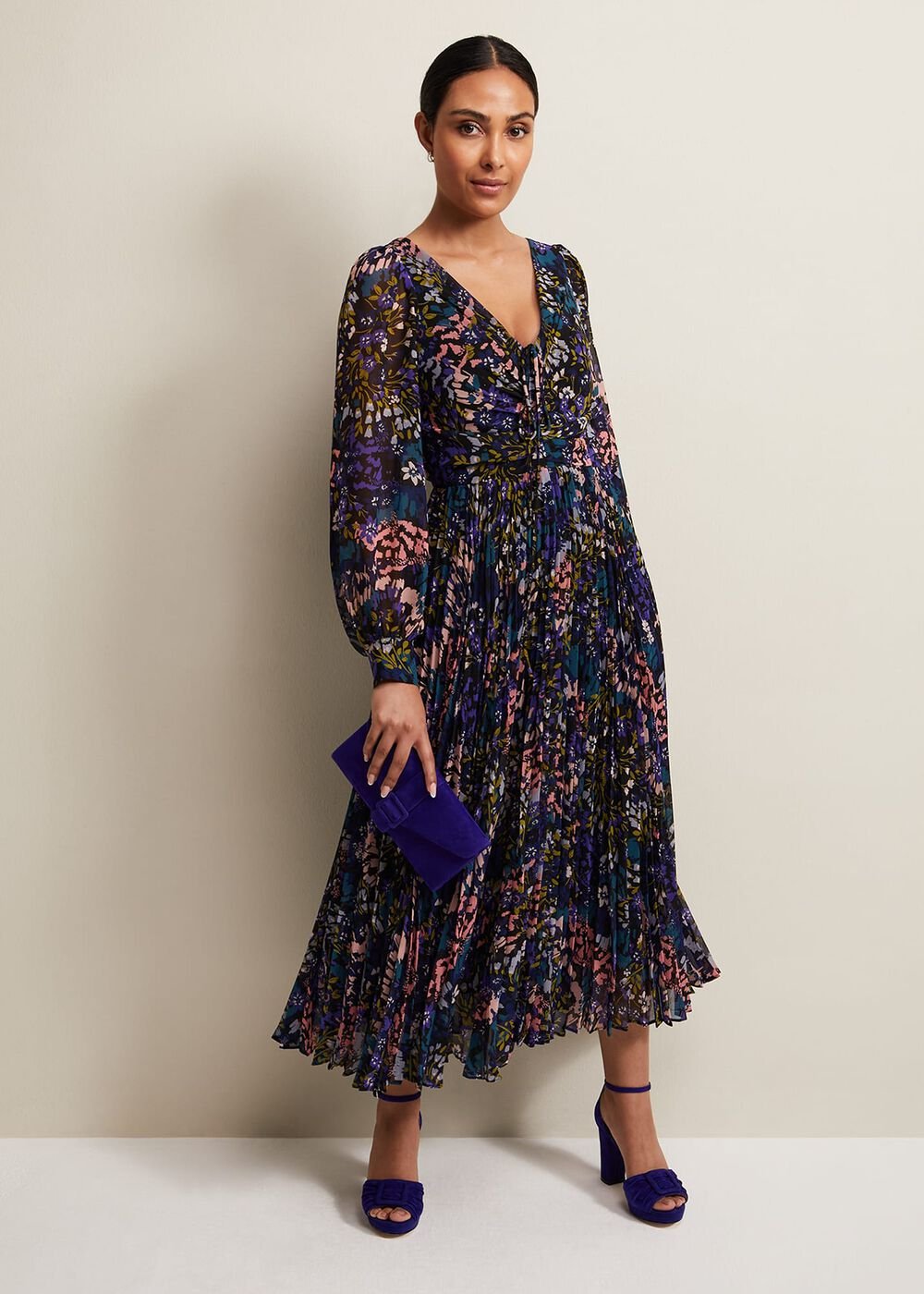 Petite Navy Multicoloured Floral Pleated Midi Dress Multi-Coloured