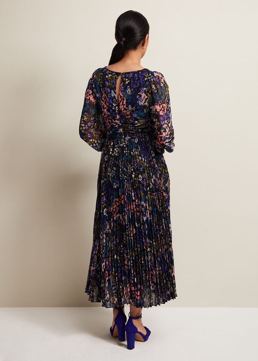 Petite Navy Multicoloured Floral Pleated Midi Dress Multi-Coloured