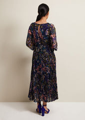 Petite Navy Multicoloured Floral Pleated Midi Dress Multi-Coloured