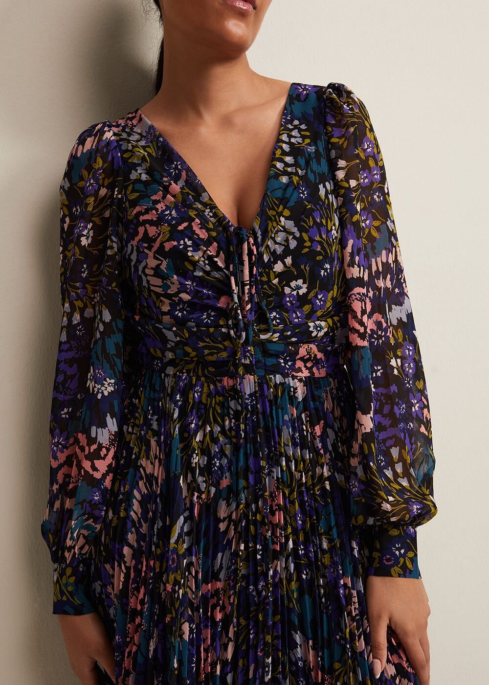 Petite Navy Multicoloured Floral Pleated Midi Dress Multi-Coloured