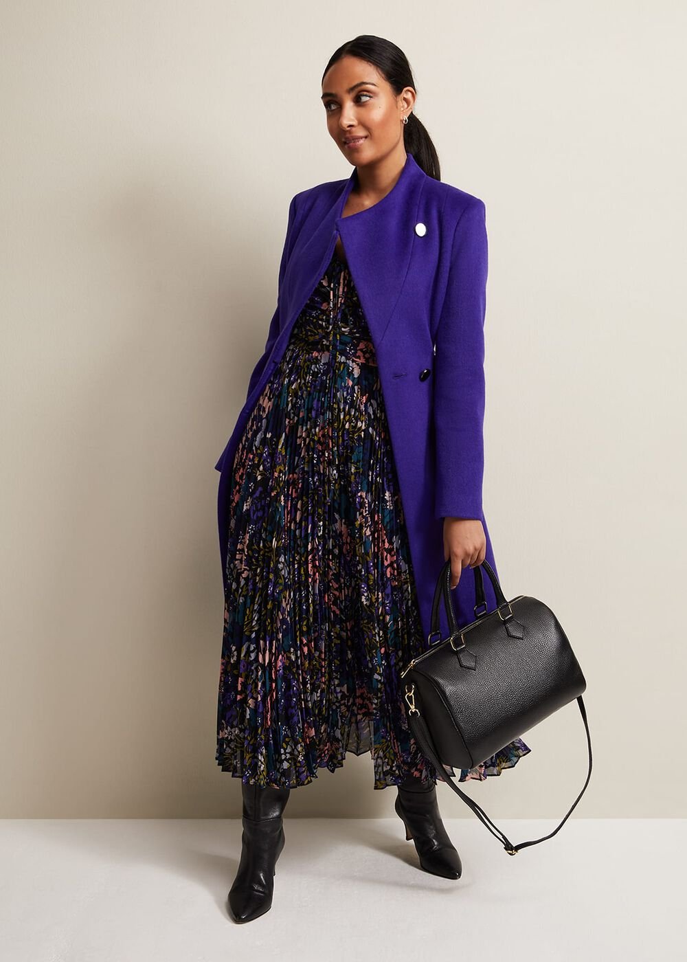 Petite Navy Multicoloured Floral Pleated Midi Dress Multi-Coloured