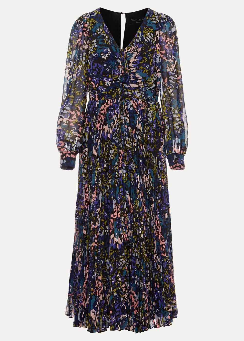 Petite Navy Multicoloured Floral Pleated Midi Dress Multi-Coloured