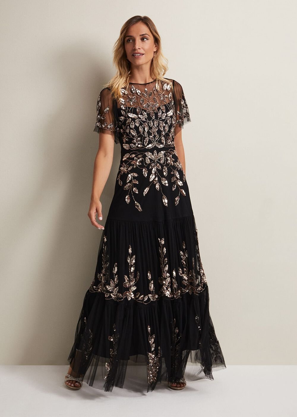 Hilary Beaded Tiered Maxi Dress Black
