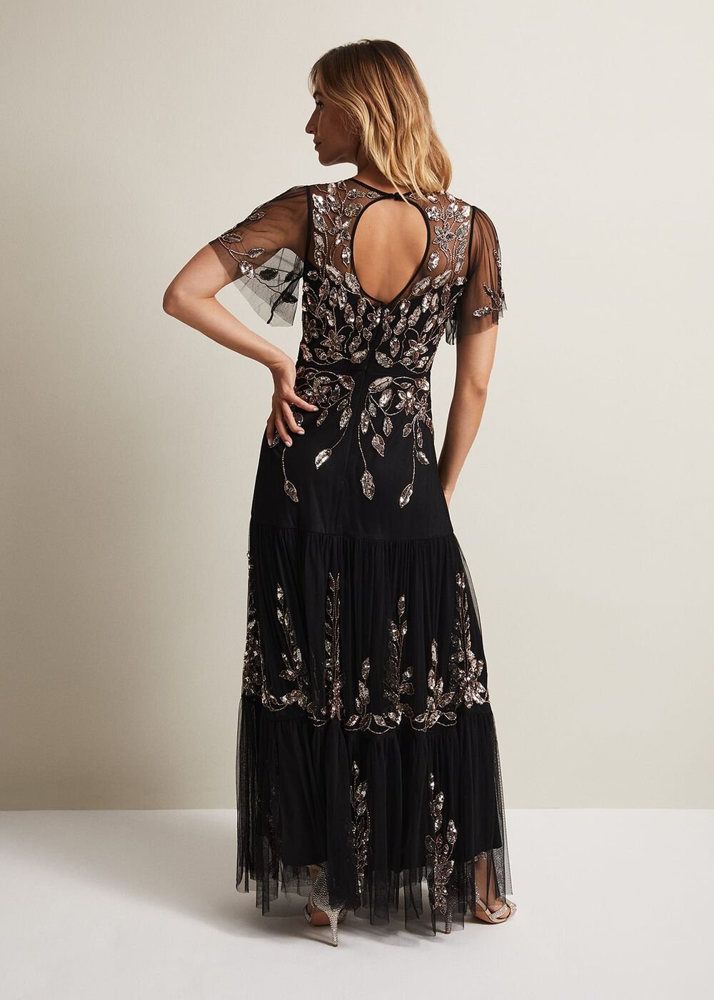 Hilary Beaded Tiered Maxi Dress Black