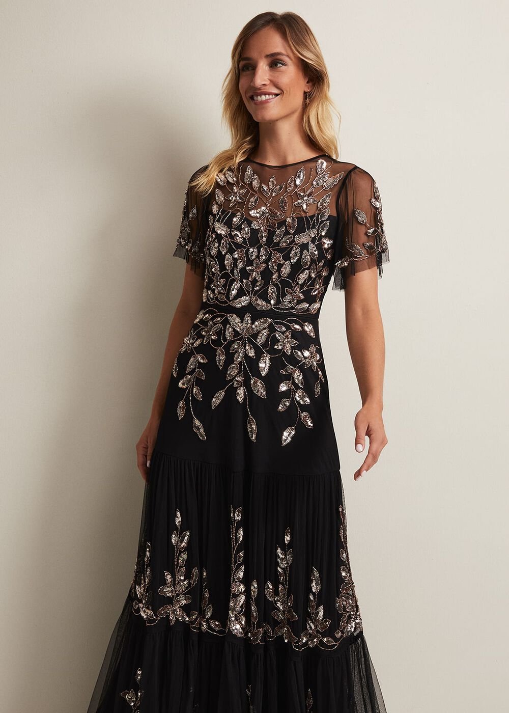 Hilary Beaded Tiered Maxi Dress Black