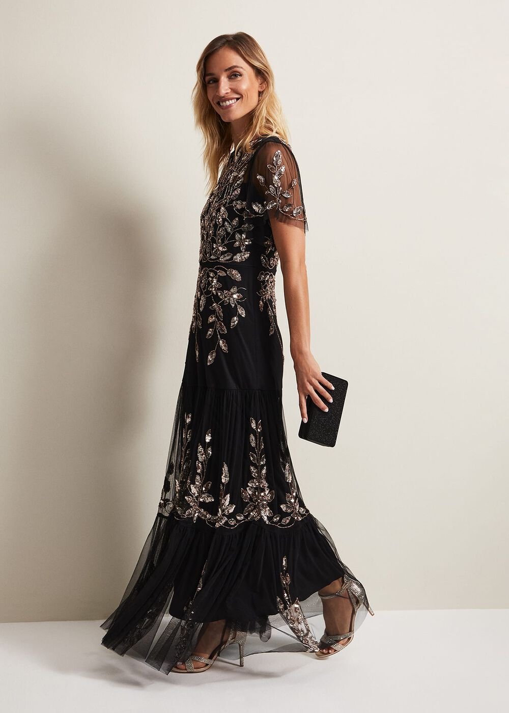 Hilary Beaded Tiered Maxi Dress Black