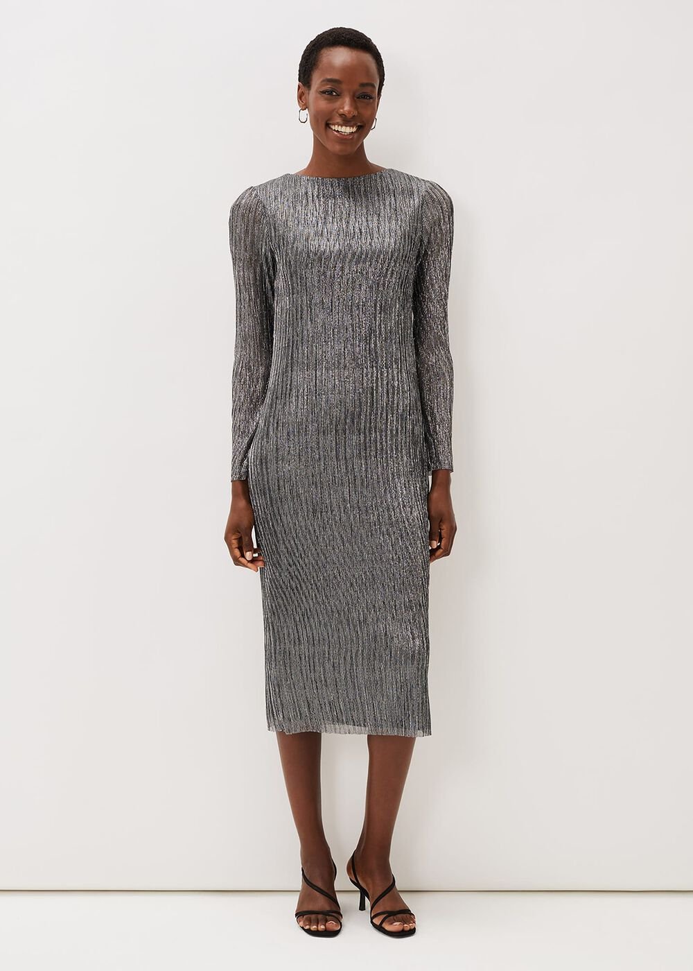 Alix Silver Plisse Midi Dress Silver