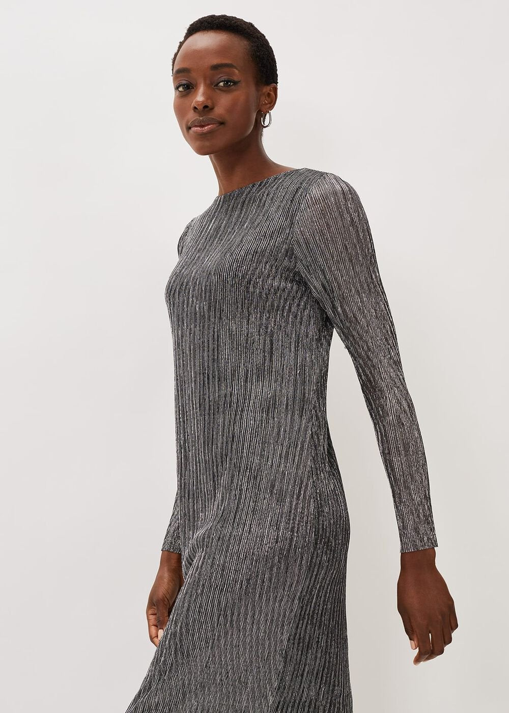 Alix Silver Plisse Midi Dress Silver