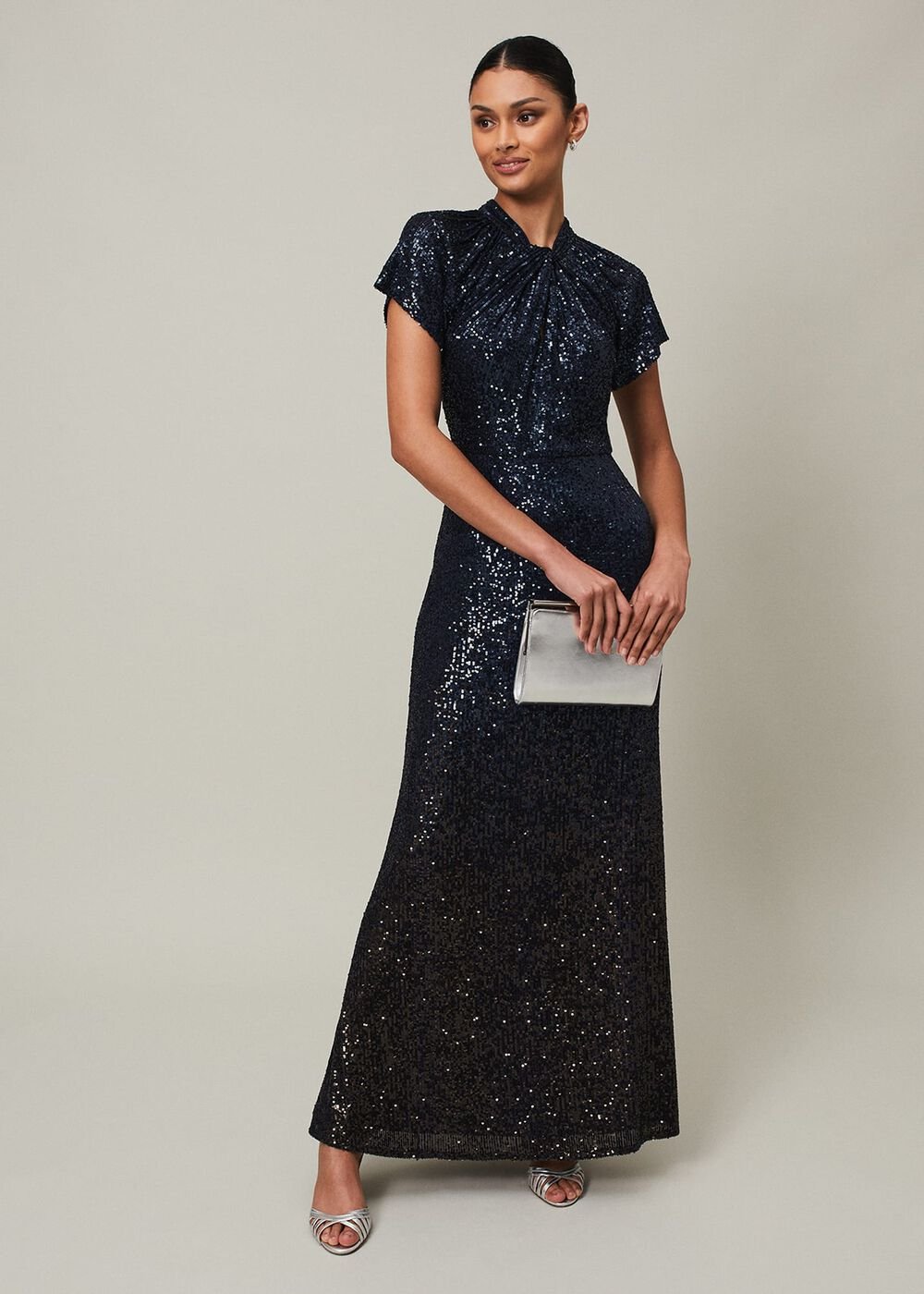 Navy Blue Ombre Sequin Maxi Dress Twisted Neckline Navy