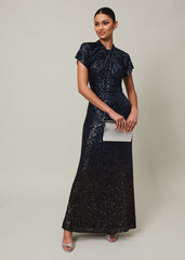 Navy Blue Ombre Sequin Maxi Dress Twisted Neckline Navy