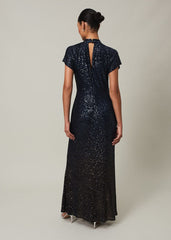 Navy Blue Ombre Sequin Maxi Dress Twisted Neckline Navy