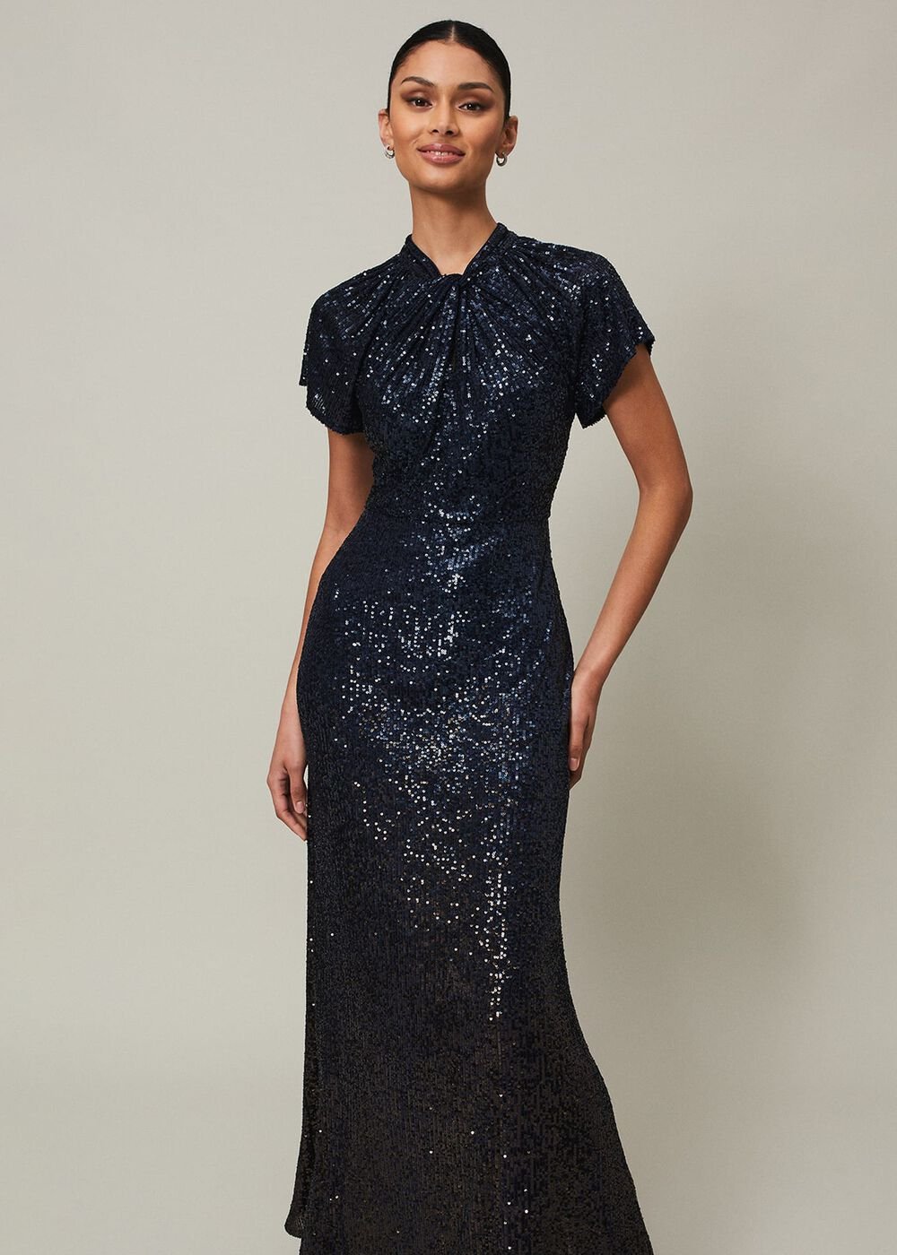 Navy Blue Ombre Sequin Maxi Dress Twisted Neckline Navy