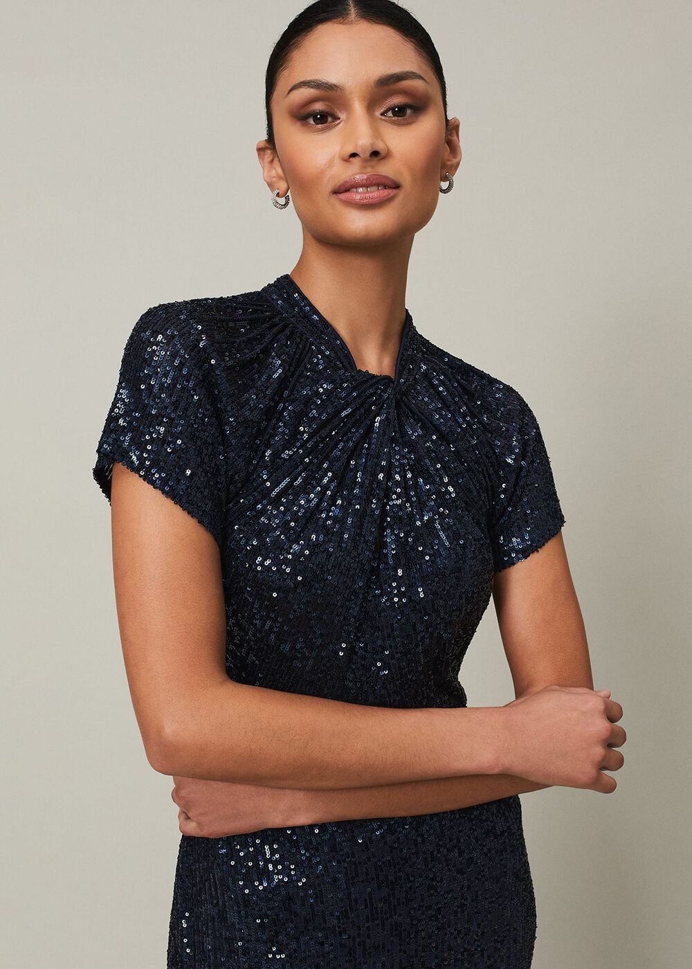 Navy Blue Ombre Sequin Maxi Dress Twisted Neckline Navy