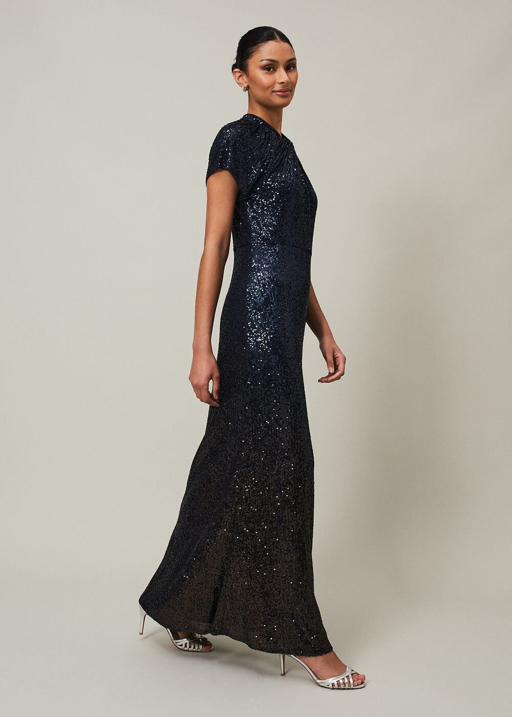 Navy Blue Ombre Sequin Maxi Dress Twisted Neckline Navy
