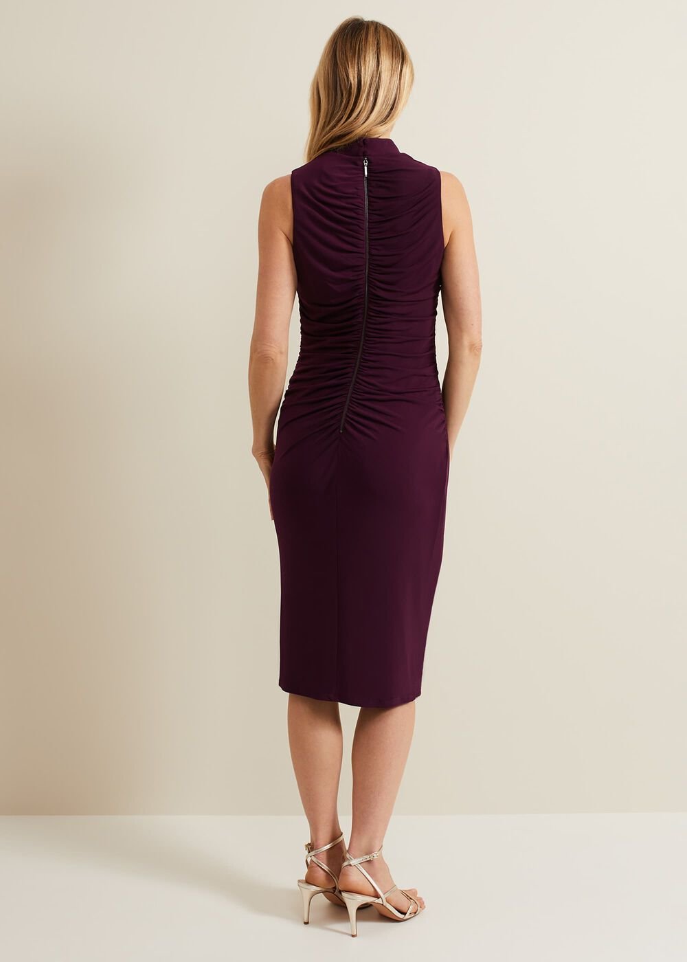 Stefania Burgundy Ruched Midi Dress Burgundy