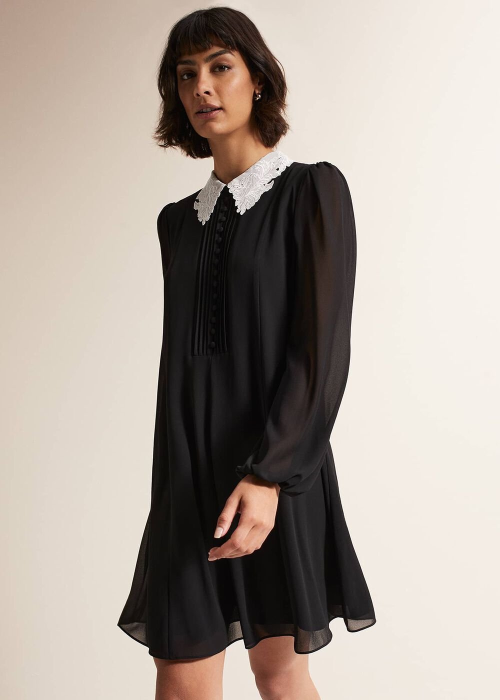 Black Swing Mini Dress with White Embroidered Collar Black/Ivory