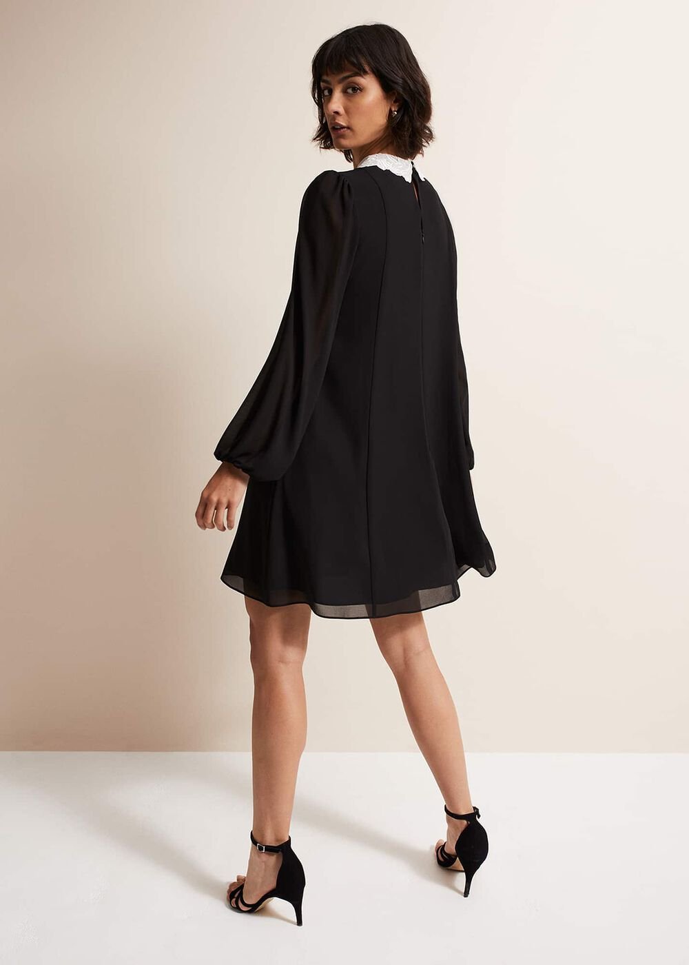 Black Swing Mini Dress with White Embroidered Collar Black/Ivory