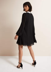 Black Swing Mini Dress with White Embroidered Collar Black/Ivory