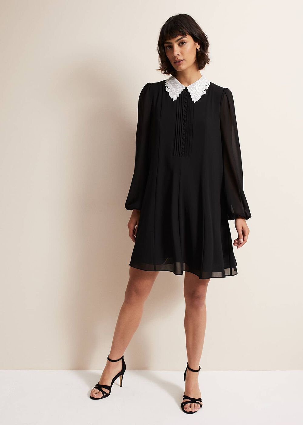 Black Swing Mini Dress with White Embroidered Collar Black/Ivory