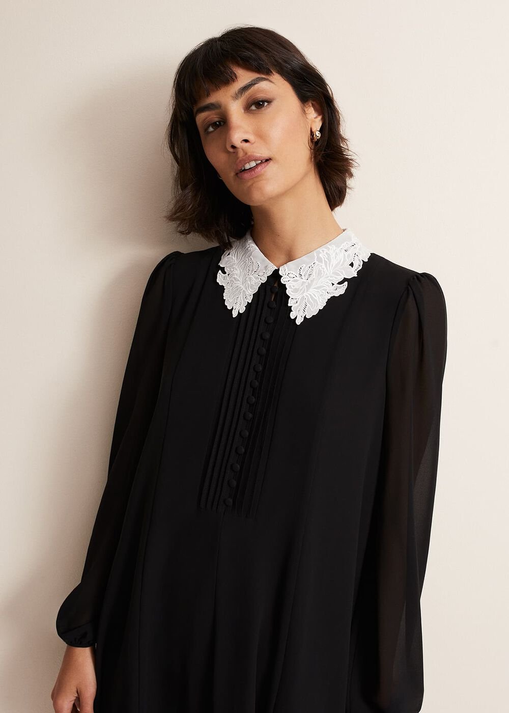 Black Swing Mini Dress with White Embroidered Collar Black/Ivory