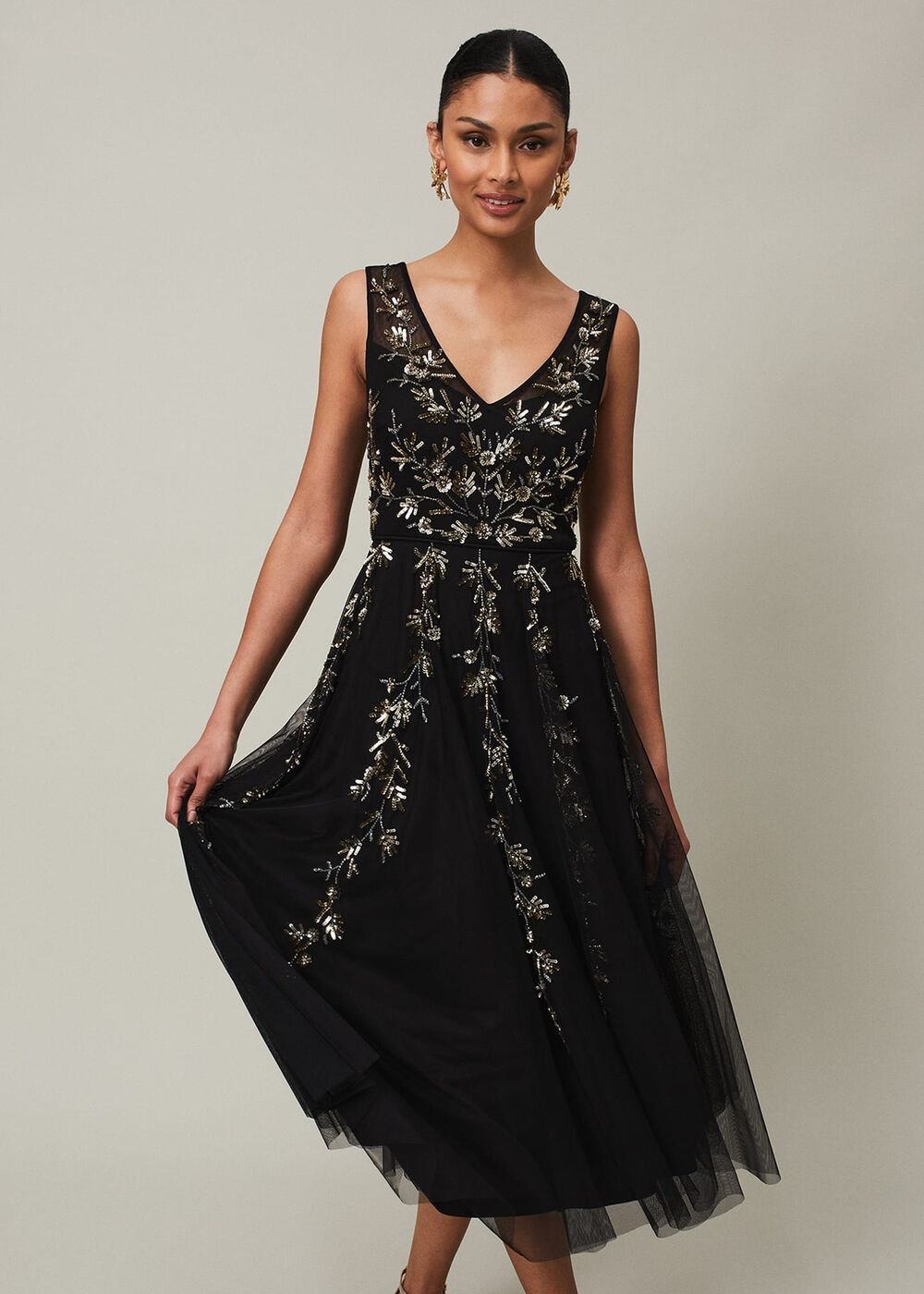Marissa Floral Embellished Midi Dress Black