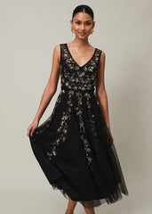 Marissa Floral Embellished Midi Dress Black