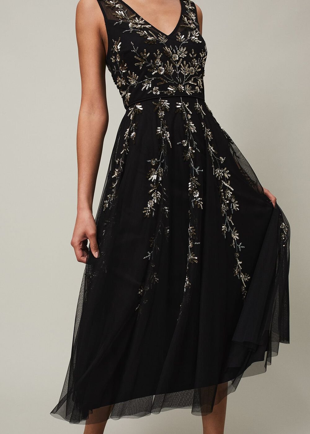 Marissa Floral Embellished Midi Dress Black