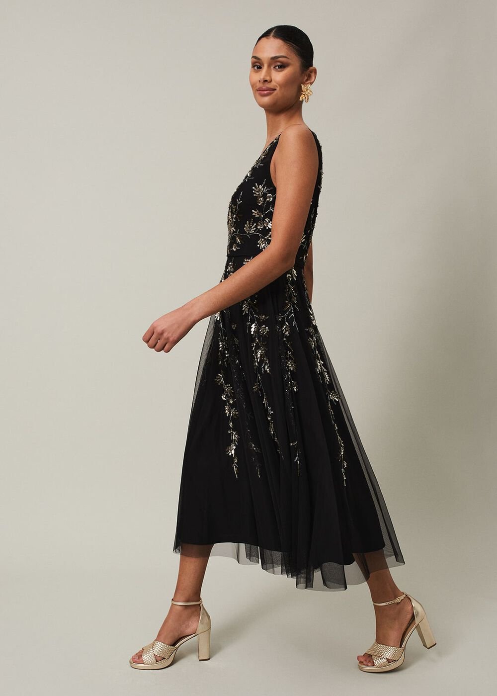 Marissa Floral Embellished Midi Dress Black