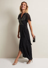 Black Maxi Dress with Wrap Bodice & Bead Embellishments Black