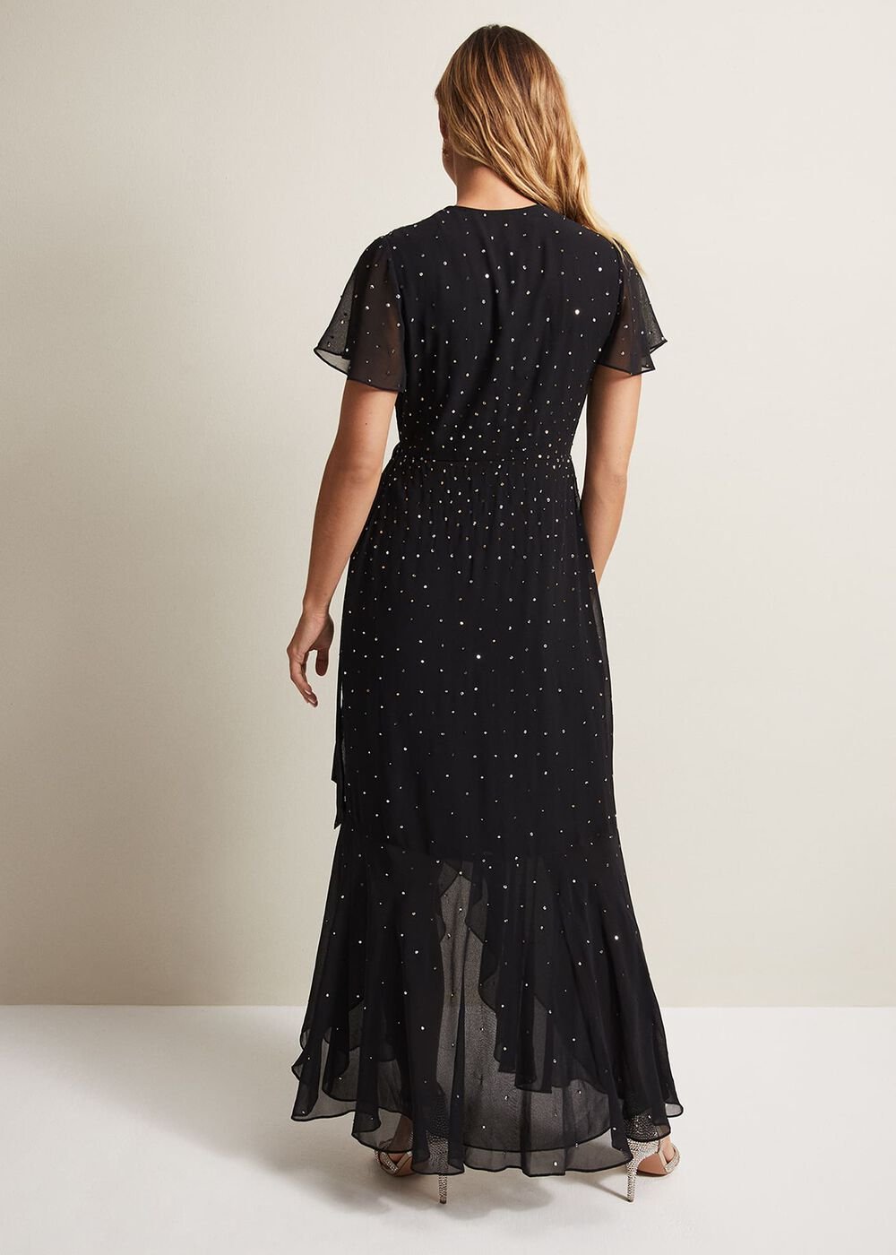 Black Maxi Dress with Wrap Bodice & Bead Embellishments Black