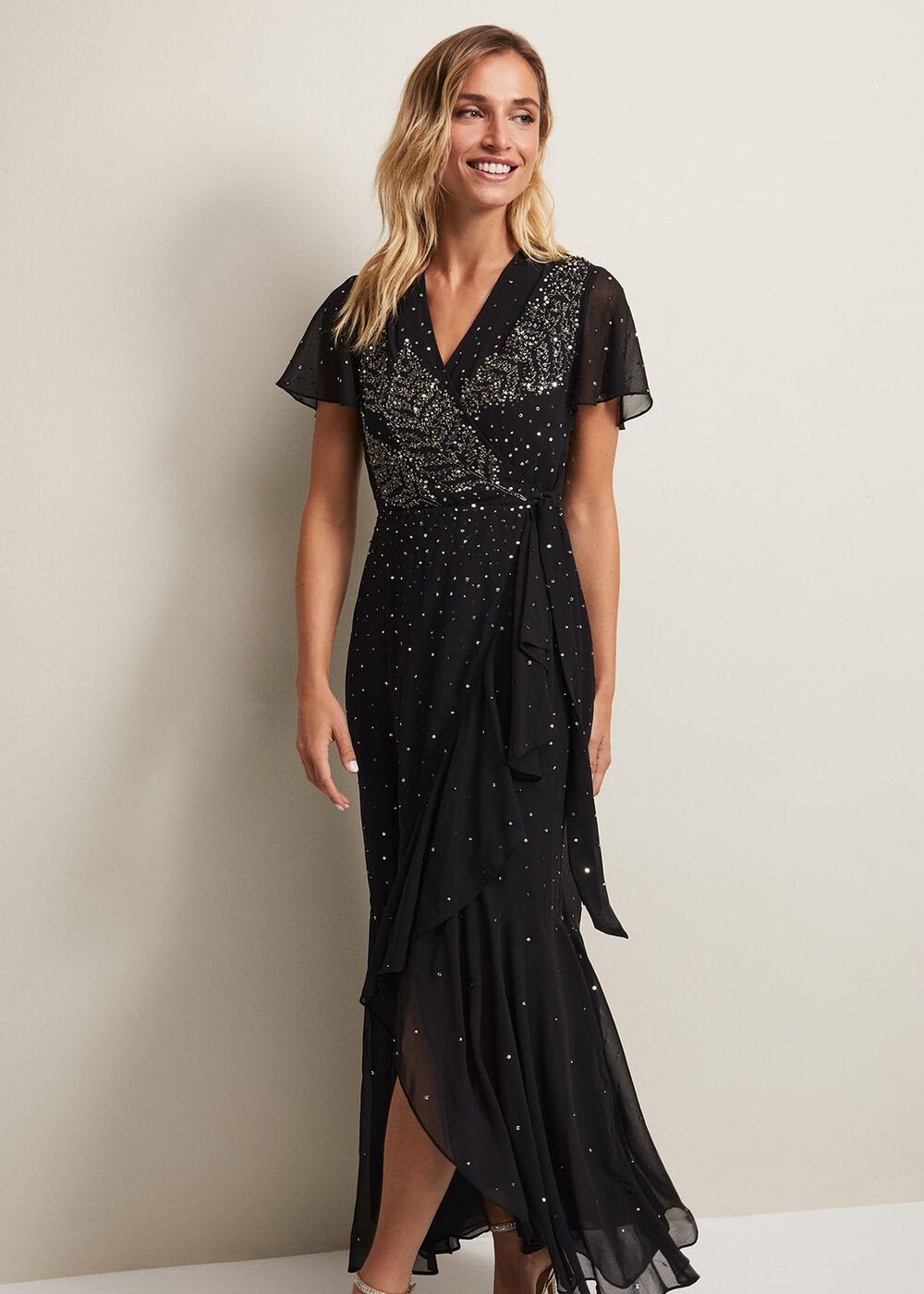 Black Maxi Dress with Wrap Bodice & Bead Embellishments Black