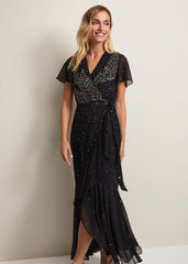 Black Maxi Dress with Wrap Bodice & Bead Embellishments Black