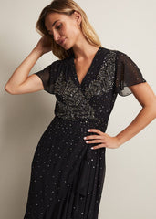 Black Maxi Dress with Wrap Bodice & Bead Embellishments Black