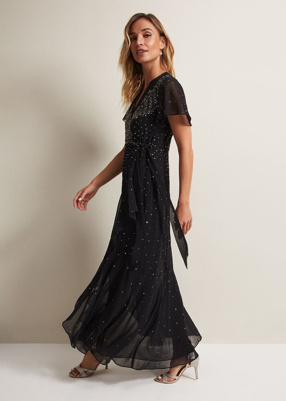 Black Maxi Dress with Wrap Bodice & Bead Embellishments Black