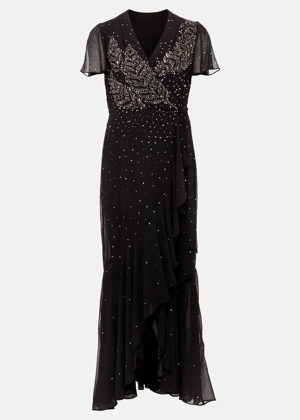 Black Maxi Dress with Wrap Bodice & Bead Embellishments Black