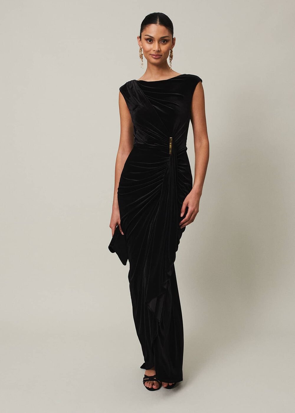 Black Velvet Sleeveless Wrap Maxi Dress Black
