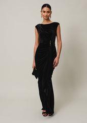 Black Velvet Sleeveless Wrap Maxi Dress Black