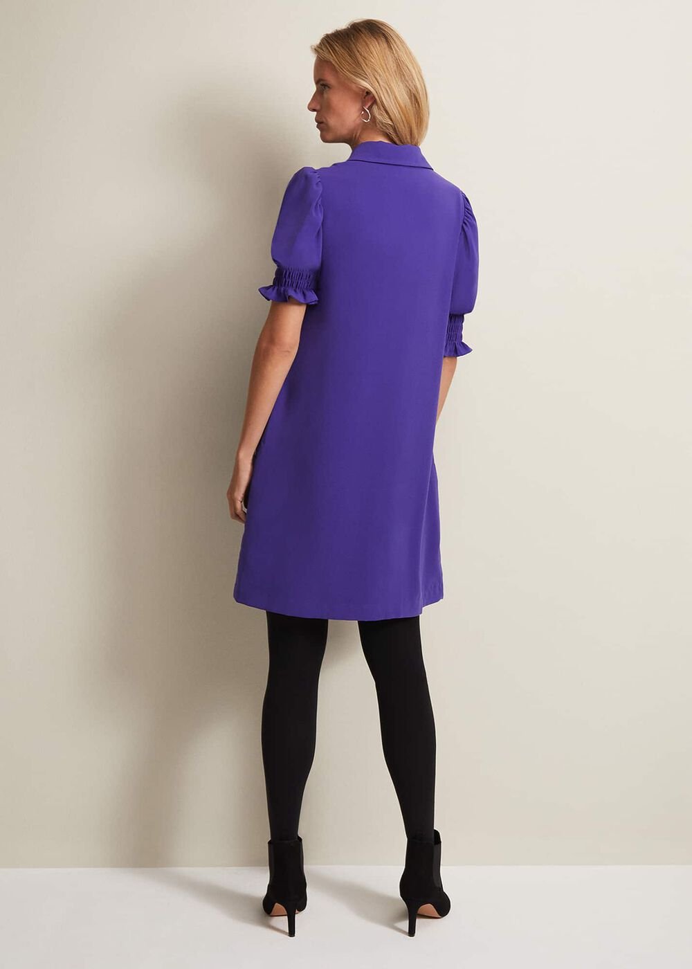 Purple Button Up Midi Dress With Ruched Sleeves Purple