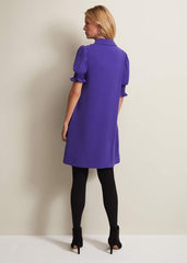 Purple Button Up Midi Dress With Ruched Sleeves Purple