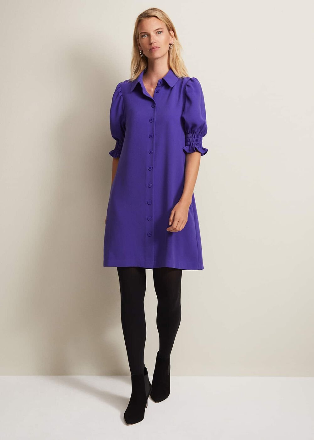 Purple Button Up Midi Dress With Ruched Sleeves Purple